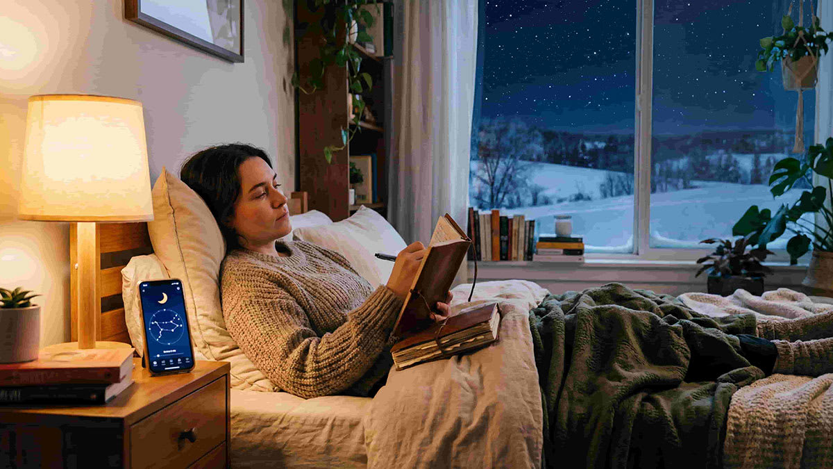 Bedtime money affirmations practiced before sleep in a cozy winter bedroom